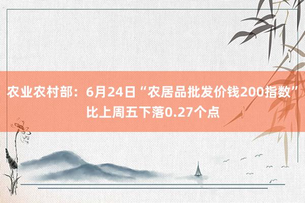 农业农村部：6月24日“农居品批发价钱200指数”比上周五下落0.27个点